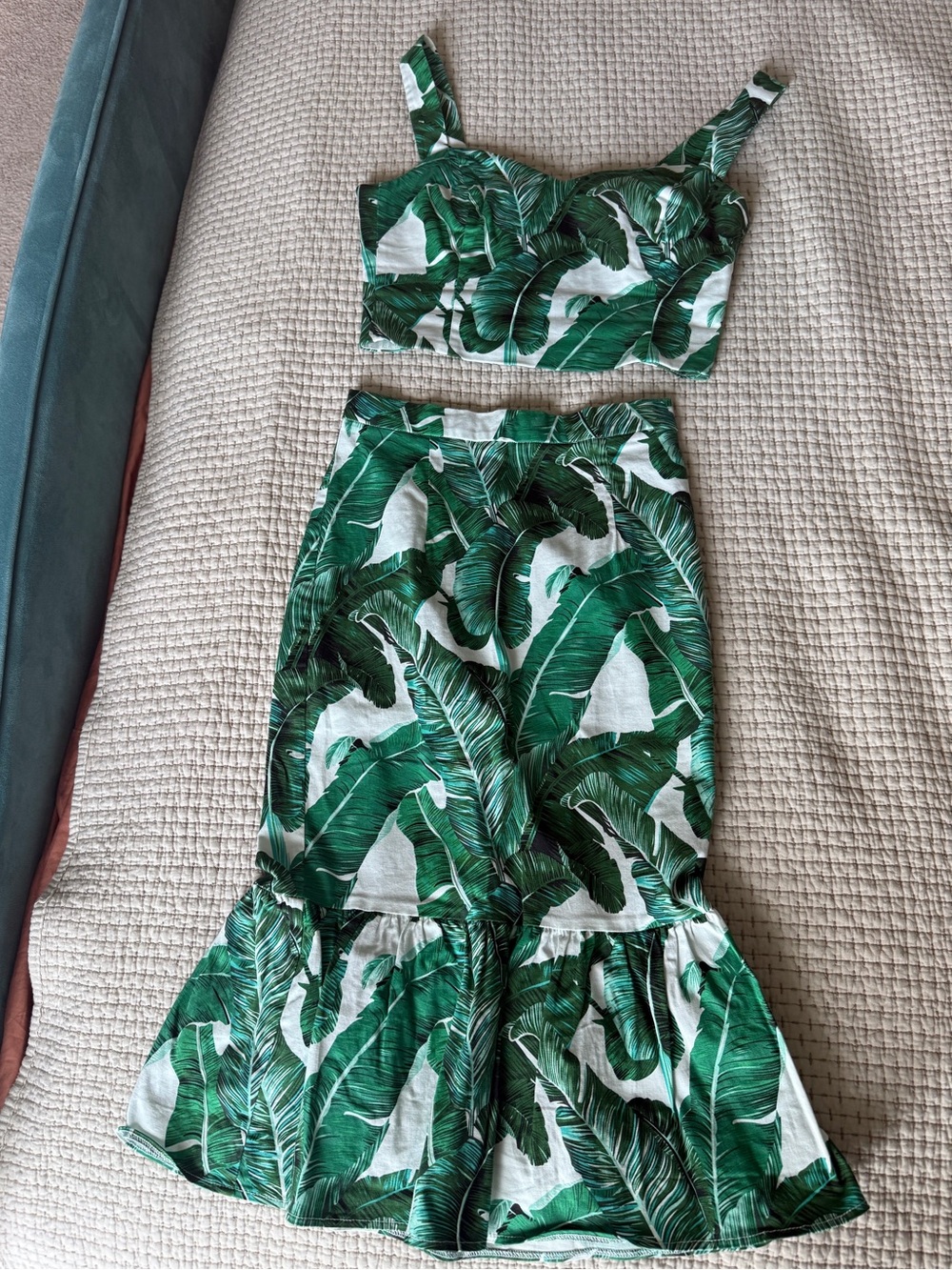 Green White Tropical Leaf Midi Two-Piece Dress Set
